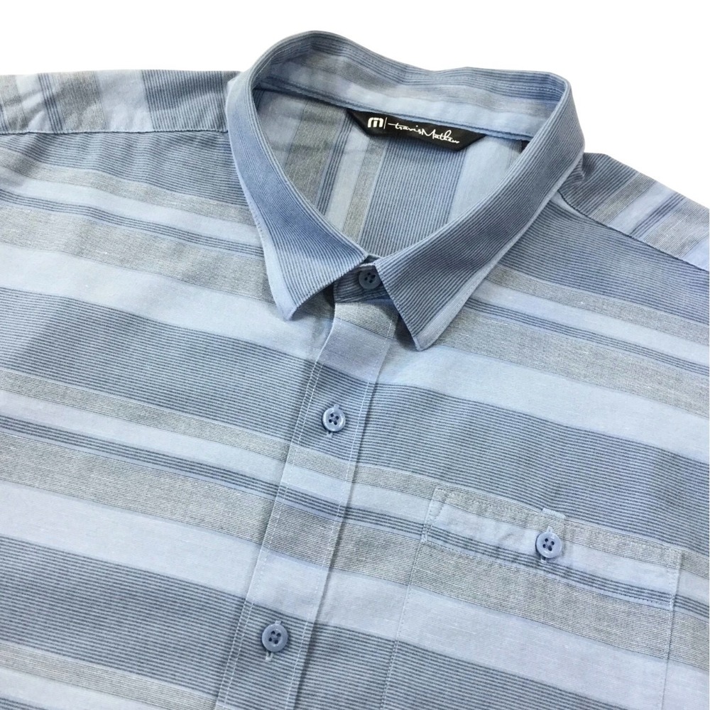 Travis Mathew Shirt Mens XL Light Blue Gray Button Up Short Sleeve Stripe Casual